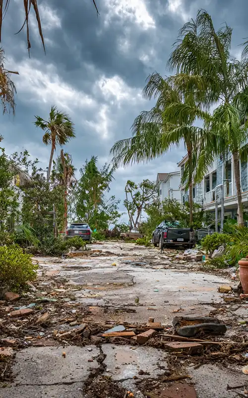 Debris-strewn cracked Florida residential street with damaged palm trees after hurricane