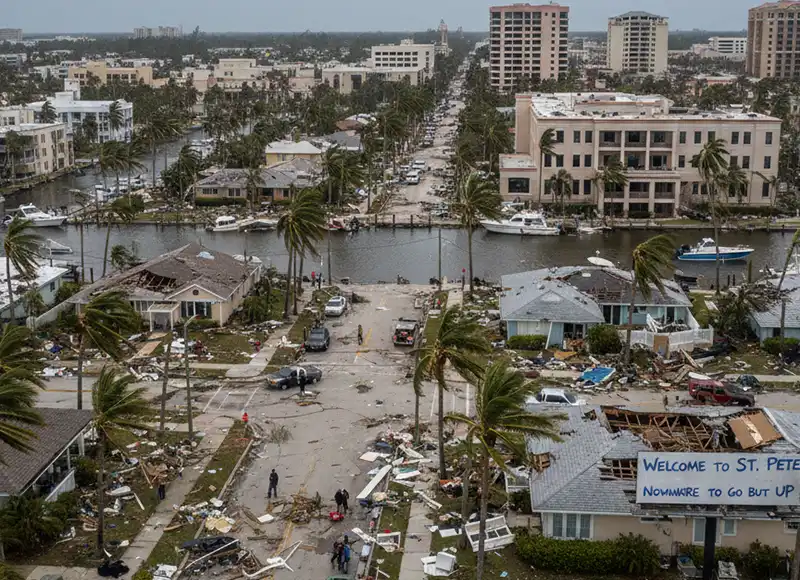 Aerial view of hurricane-devastated St. Pete waterfront neighborhood with debris-strewn streets