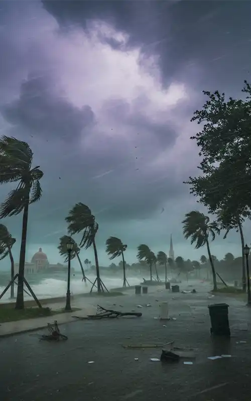 Violent hurricane winds whipping palm trees along debris-littered Florida waterfront