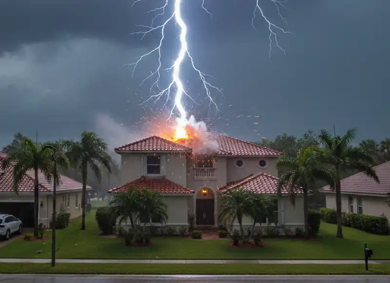 Lightning bolt directly striking and igniting Florida luxury tile-roof home