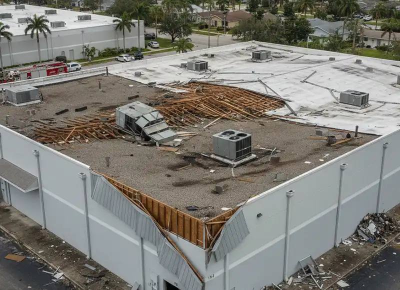Aerial view of hurricane-collapsed flat roof on Florida commercial building