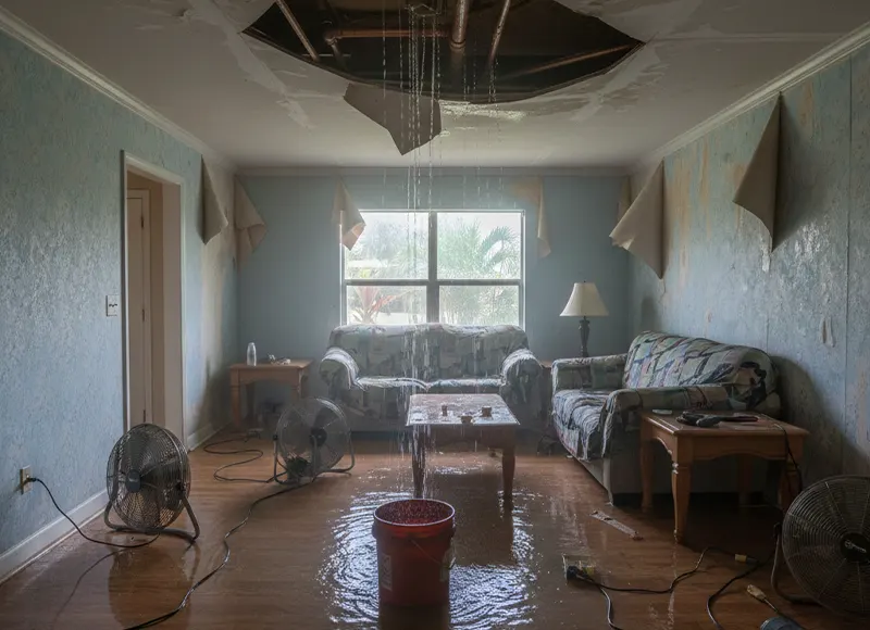 Water pouring through collapsed ceiling into flood-damaged home living room