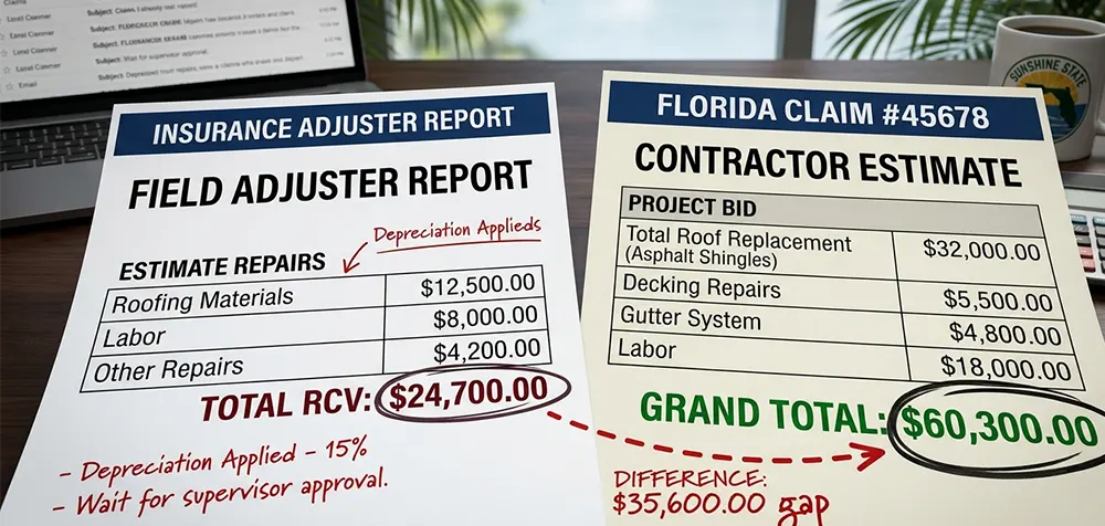 Comparison of insurance settlement offer versus actual repair costs for a property damage claim